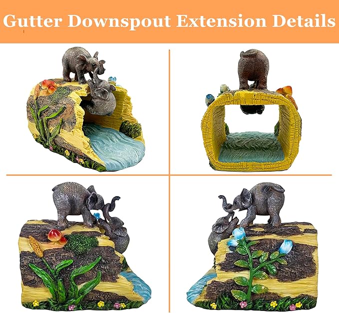 Teaeeno Twin Elephants Decor Gutter Downspout Extension Decorative,Animal Statue Outdoor Decor,3"×4" Rain Gutter Downspout Splash Block,Garden Splash Block Outdoor Sculpture,Rain Downspout Diverter