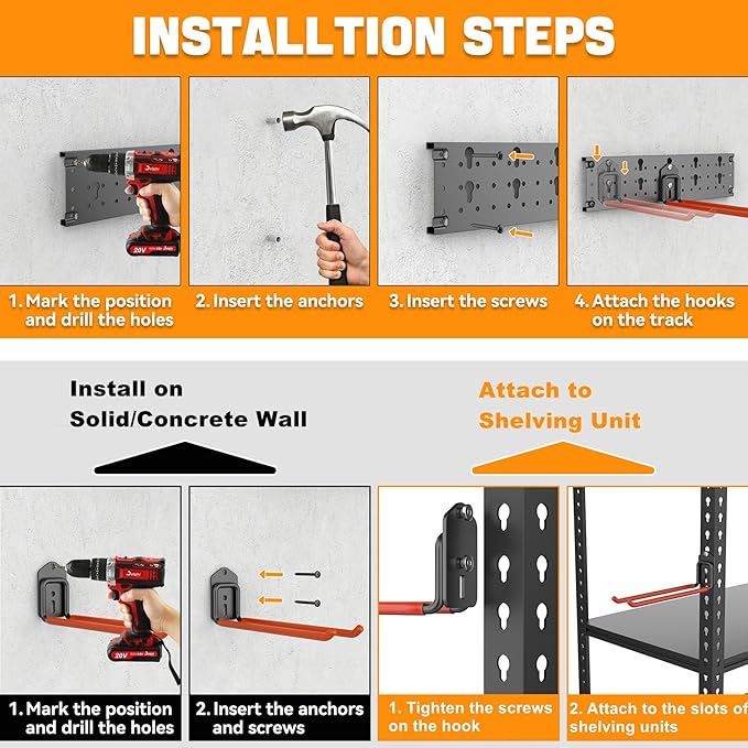 TORACK Garden Tool Organizer Wall Mount, Garage Folding Chair Storage Rack, Tools Rack for Shovels, Rakes, Broom, Ladders, Hooks for Keyhole Style Shelving Unit
