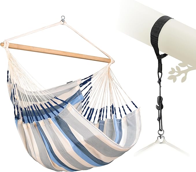 LA SIESTA® XL King Domingo Hammock Chair Swing & Tree Mount Kit - Suspension Kit for Trees Beams Posts - Weatherproof, Outdoor Indoor Hammock Swing - Hanging Chair for Bedroom Patio - Sea Salt