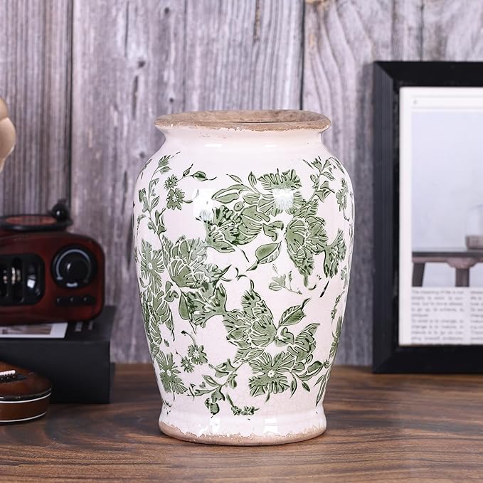 Vintage Vase for Flowers,Green Chinoiserie Ceramic Vase,Rustic Farmhouse Cracked Vases,for Flower Arrangement,Living Room, Office, Shelf, Fireplace Tables,Centerpieces,Chinoiserie Pottery Decor(B)