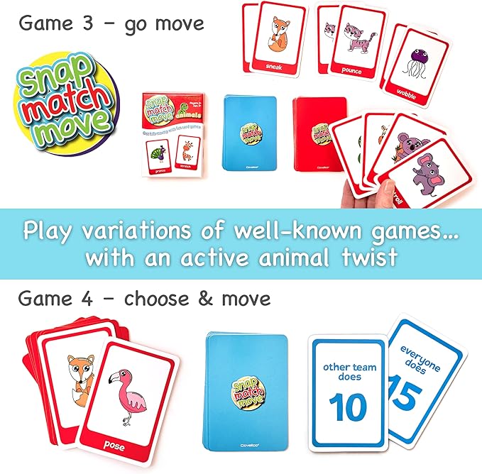 Animal Movement Cards, Exercise Cards for Kids - Play Fun Animal Matching Game - Snap, Memory, Matching & Go Fish. Movement Flash Cards for Home, Recess, & School Physical Education Equipment