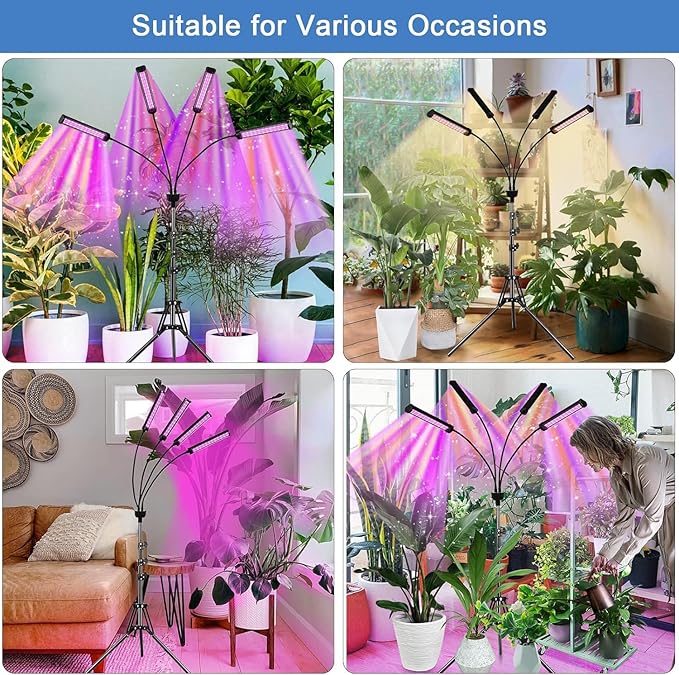 LED Grow Lights for Indoor Plants, 432 LEDs Red Blue White Full Spectrum Plant Lights for Indoor Growing with 15-63 inches Adjustable Tripod Stand, 4 Heads Grow Lamp with 4/8/12H Auto On/Off Timer