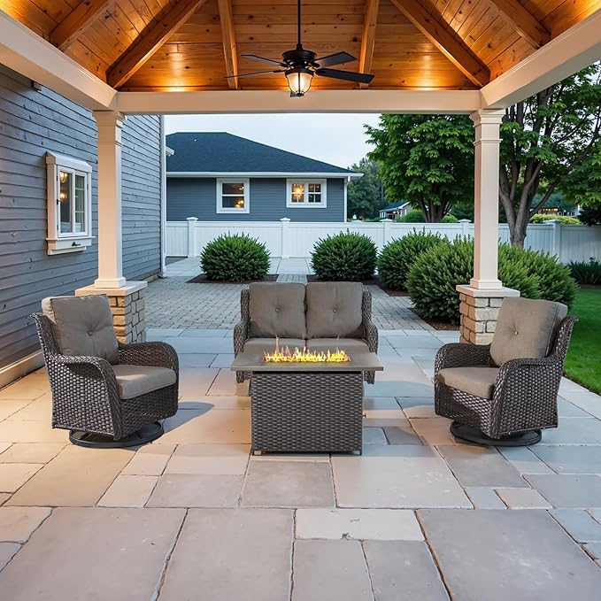 4 Piece Patio Furniture Set with Fire Pit Table - 41inch 50000 BTU Propane Fire Pit Table with High Back Loveseat Glider Chair and 2 Swivel Rocker Chair for Casual Gathering