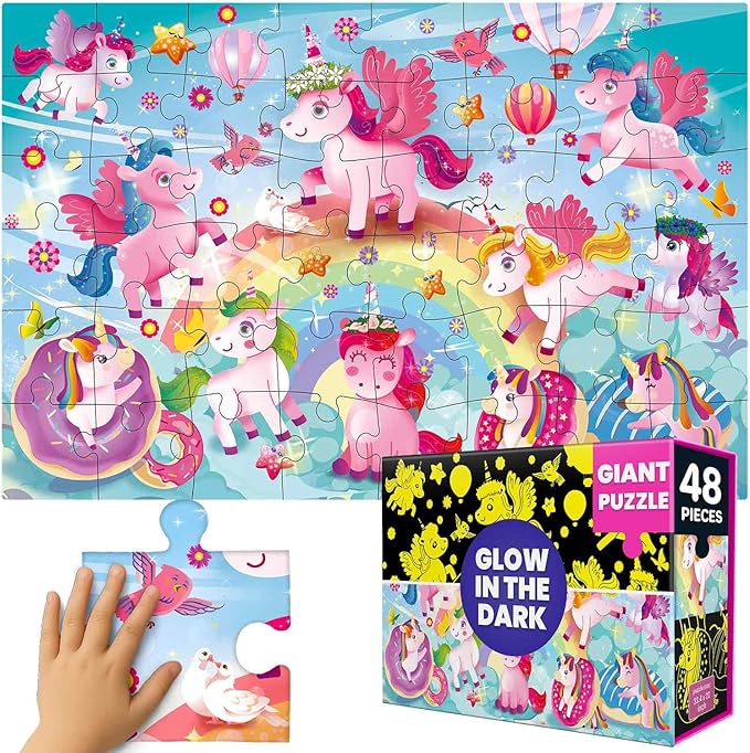 QUOKKA Floor Puzzles for Kids Ages 4–8 – 2x3 FT Giant Glow in The Dark Jigsaw – 48 Large Pieces – Magical Fantasy Unicorn Scene – Montessori Toy with Gift Box – Fun Learning Activity