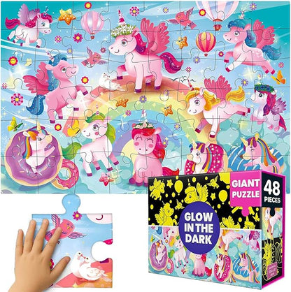 QUOKKA Floor Puzzles for Kids Ages 4–8 – 2x3 FT Giant Glow in The Dark Jigsaw – 48 Large Pieces – Magical Fantasy Unicorn Scene – Montessori Toy with Gift Box – Fun Learning Activity