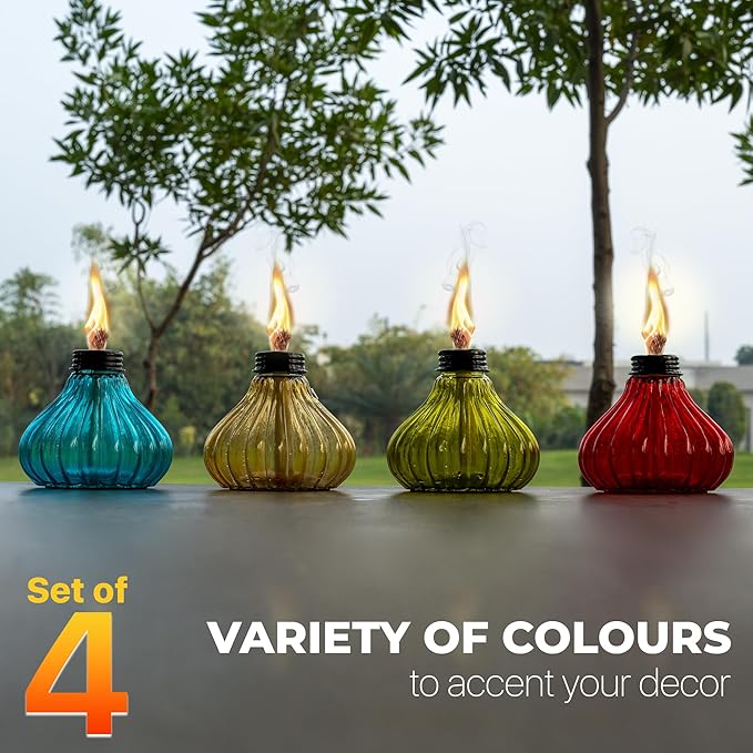 Deco Window Pack of 4 Table Torch for Indoor Outdoor Citronella Oil Tabletop Glass Lamp Landscape Multicolored Lantern with Fiberglass Wick & Cap for Garden Patio Yard Party Decor Light