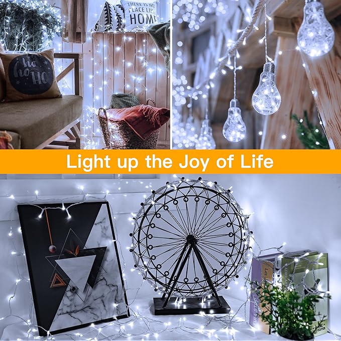 Ollny Outdoor String Lights 200LED 60FT, Cool White Connectable Plug in Fairy Light, 8 Modes Waterproof Timer Christmas Lights for Indoor Outside Bedroom House Party Wedding