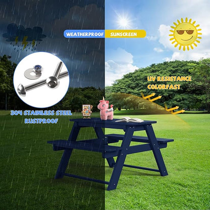 Costaelm Kids Picnic Table, HDPE All Weather Outdoor Toddler Picnic Table and Chair Set Kids Bench for Patio, Backyard, Garden, Lawn, Navy Blue