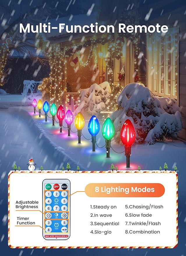 Minetom Solar Double C9 Christmas Pathway Lights Outdoor -16FT 10 LED C9 Christmas Lights Outdoor with Timer,8 Modes, Solar Christmas Outdoor Decorations for Lawn Walkway Outside Holiday, Multicolor