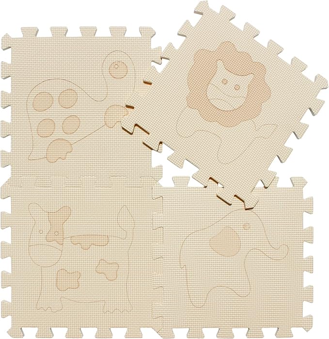 qqpp EVA 18 Tiles Baby Play Mat for Playing, Interlocking Foam Floor Mats for Tummy Time & Crawling, Puzzle Flooring Tiles with Animals Laser Pattern for Kids. Beige. QL-11(J) b18N