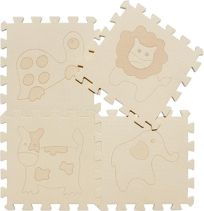 qqpp EVA 18 Tiles Baby Play Mat for Playing, Interlocking Foam Floor Mats for Tummy Time & Crawling, Puzzle Flooring Tiles with Animals Laser Pattern for Kids. Beige. QL-11(J) b18N