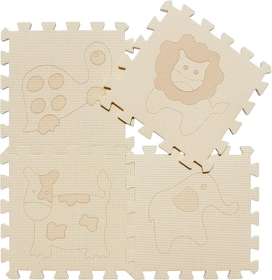 qqpp EVA 18 Tiles Baby Play Mat for Playing, Interlocking Foam Floor Mats for Tummy Time & Crawling, Puzzle Flooring Tiles with Animals Laser Pattern for Kids. Beige. QL-11(J) b18N