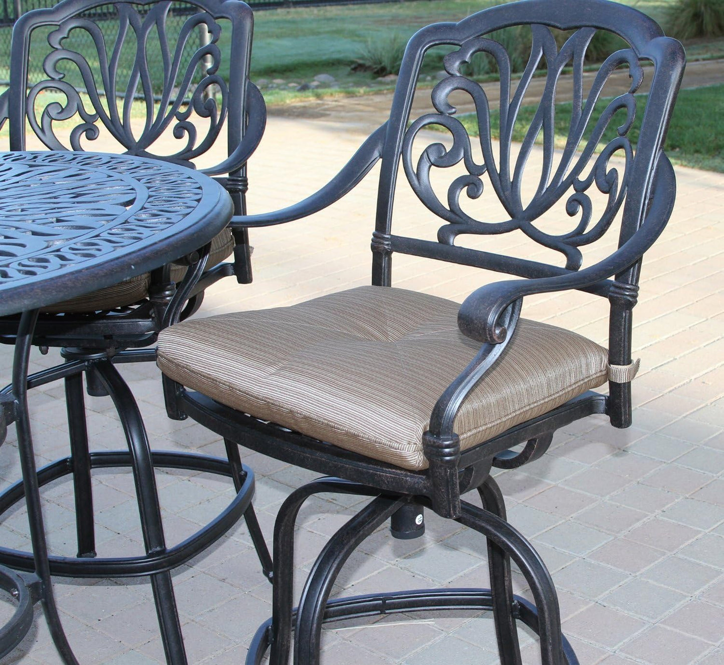 Elizabeth Outdoor Patio 5pc Set Bar Table 42" Dark Bronze Cast Aluminum, Premium Sun-Sesame Cushions