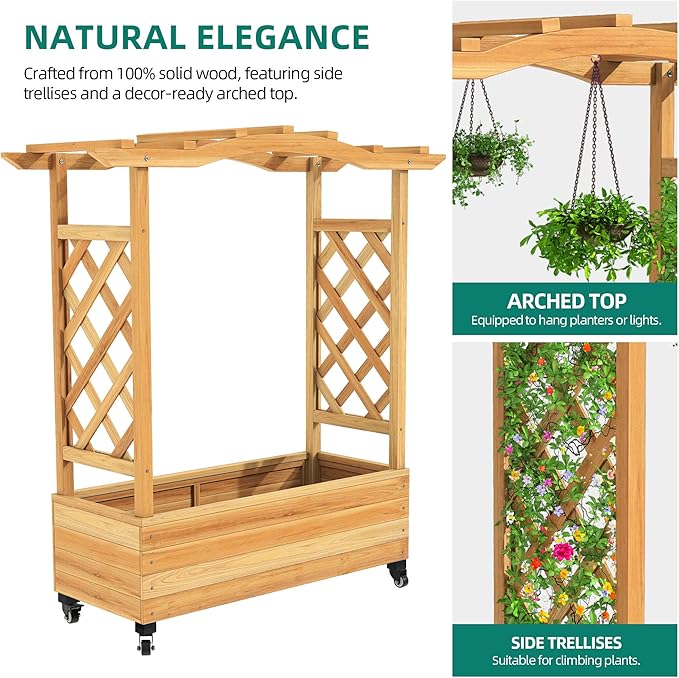 YITAHOME Raised Garden Bed with Trellis and Lockable Wheels, Wood Free-Standing Trellis Planter Box with Hanging Roof for Climbing Plants Flowers in Garden, Patio, Backyard, Balcony, Natural