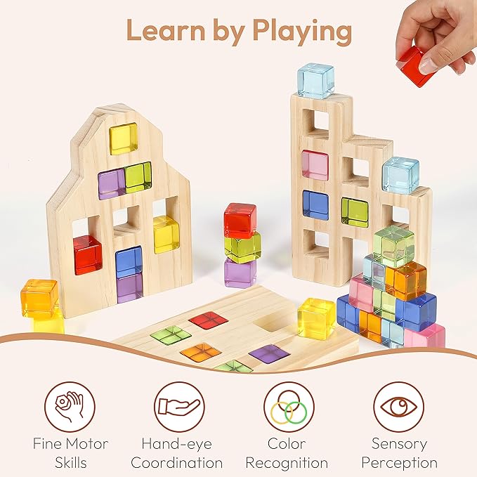 Woodtoe Wooden Building Blocks Set for Kids, 36 PCS Rainbow Acrylic Gem Cubes Blocks - 3 Wood House, Montessori Stacking Toy for Toddlers, Educational STEM Birthday Toys for Boys Girls 3-6