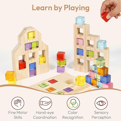 Woodtoe Wooden Building Blocks Set for Kids, 36 PCS Rainbow Acrylic Gem Cubes Blocks - 3 Wood House, Montessori Stacking Toy for Toddlers, Educational STEM Birthday Toys for Boys Girls 3-6