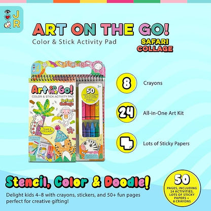 Bright Stripes Art on The Go Travel Kit for Kids Ages 3+| Collage Fun Jungle Theme| Mess-Free Activity Set with Crayons, Stickers & Coloring Book| Creative On-The-Go Fun for Toddlers & Preschoolers