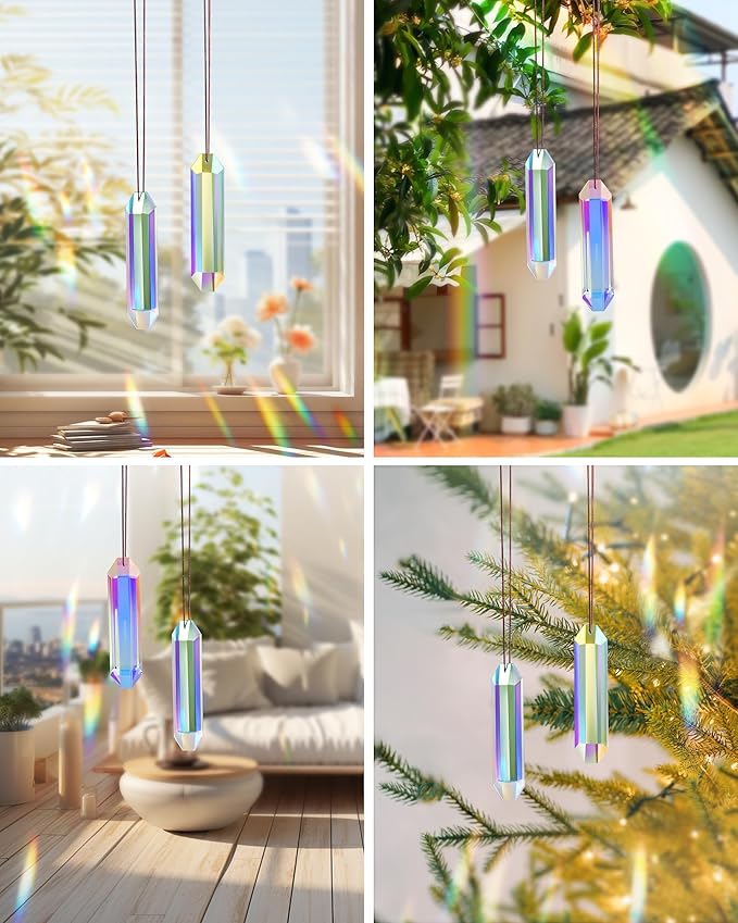 2 Pack Crystal Suncatcher, Hanging Sun Catcher Prism with String Suncatchers for Windows, Room, Outdoor, Car Mirror Garden Decor