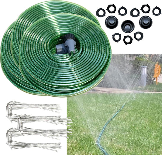 150 FT (50FT*3) Flat Sprinkler Hose for Lawn Watering Garden Soaker Hose with Holes, Heavy Duty Lightweight No-Kink Water Hose with Stakes, Irrigation Hose, Great Fun for Kids and Dog