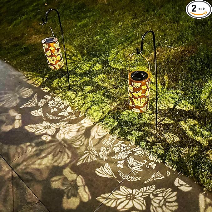 Mothers Day Gifts, 2 Pack Butterfly Solar Lanterns Outdoor Hanging Lantern Lights, Flower Pattern Waterproof LED Garden Decorative Light for Patio Yard Pathway Lawn Front Porch Tree