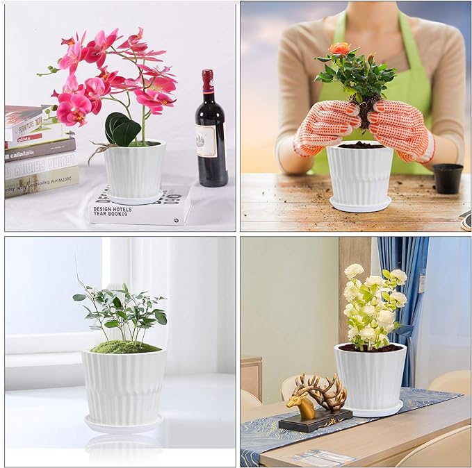 Plant Pots - 6.7 Inch Cylinder Ceramic Planters with Connected Saucer, Pots for Succuelnt and Little Snake Plants, Set of 2, White