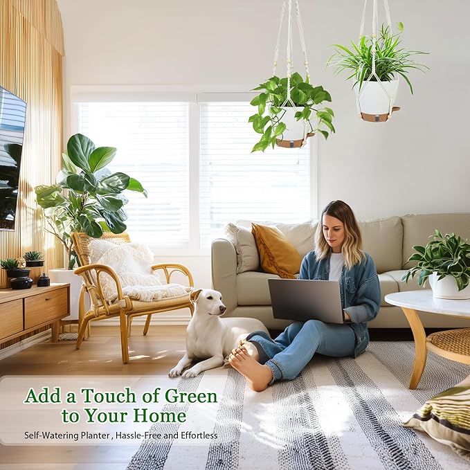 Hanging Planter for Indoor Plants 8 Inch, 2 Pack Hanging Baskets for Plants, Self Watering Hanging Flower Pots with Drainage Hole & 2 Kinds of Plant Hangers for Garden Home Decor (White, 8 inch)