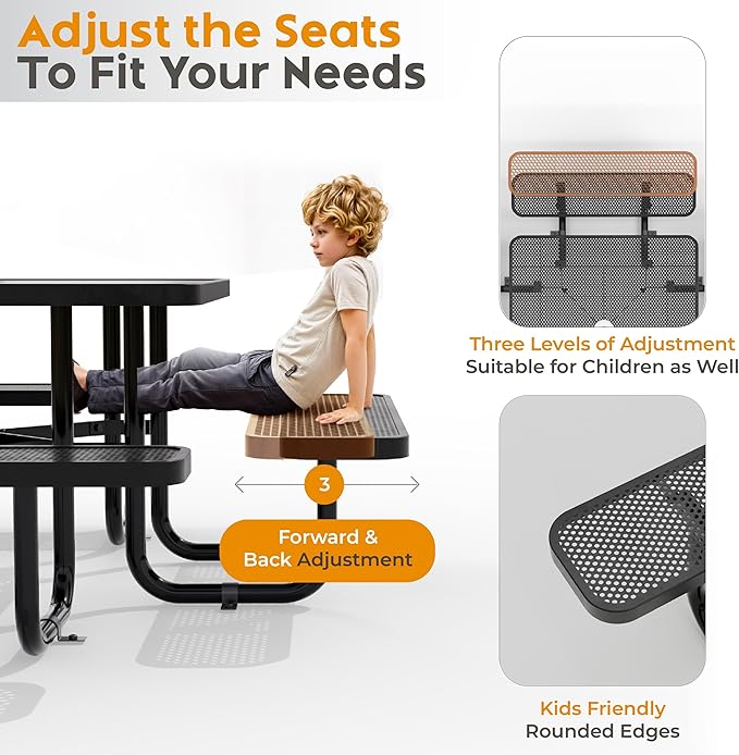 Metal Picnic Tables for Outdoors with Umbrella Hole - Coated Steel Heavy Duty Commercial Grade Table with Adjustable Seats (Black, 46 in, Square, Punched Steel)