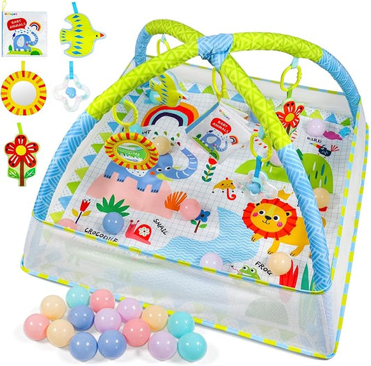 Dr.Rapeti Baby Play Gym Mat with Ball Pit Activity Gym Center Tummy Time Mat Thickened Mat Sensory Exploration Motor Skill Development for Newborn Infant Baby Toddlers