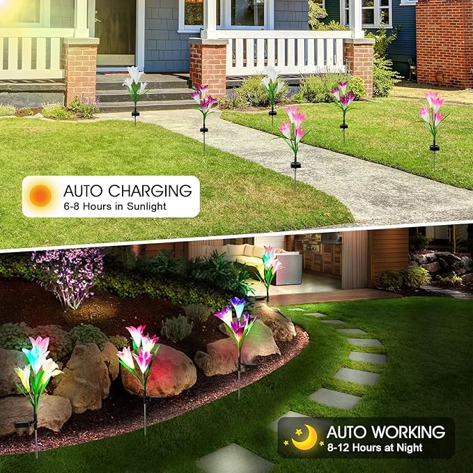 6 Pack Solar Garden Lights Outdoor, 7 Color Changing LED Waterproof Solar Powered Lily Flowers Landscape Lights for Outside Yard, Patio, Pathway Decorative, Décor