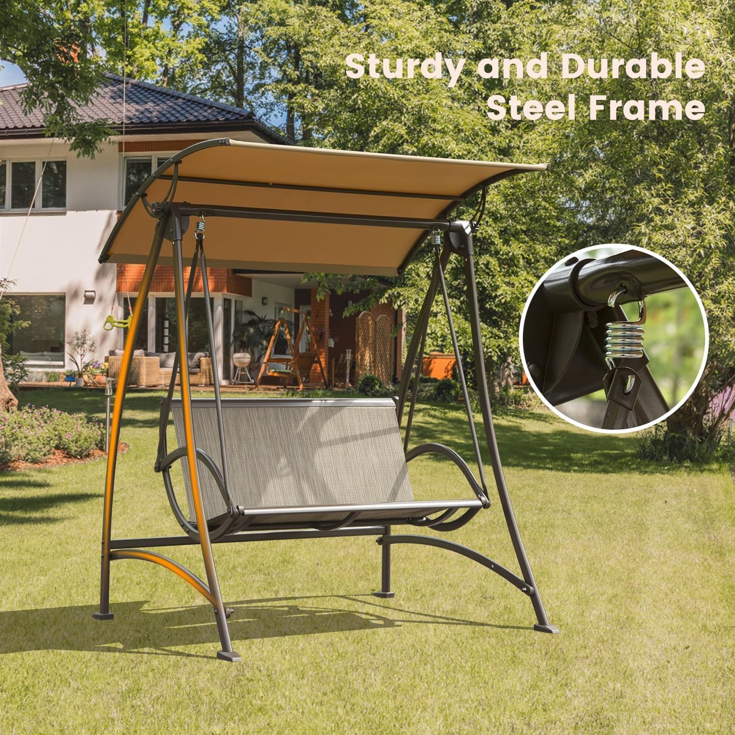 Domi Porch Patio Swing with Adjustable Canopy, 2-seat with Stand, Outdoor Loveseat Swing w/Armrests, Weather Resistant Steel Frame and Textilene Fabric