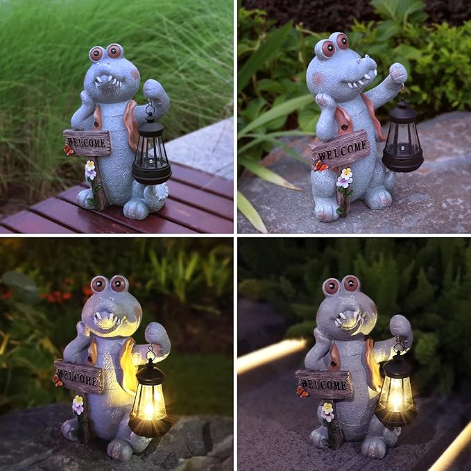 Solar Crocodile Decor-12.6 in Outdoor Statues for Garden,Patio,Porch,Balcony,Backyard or Lawn Decor- Birthday Gifts for Women
