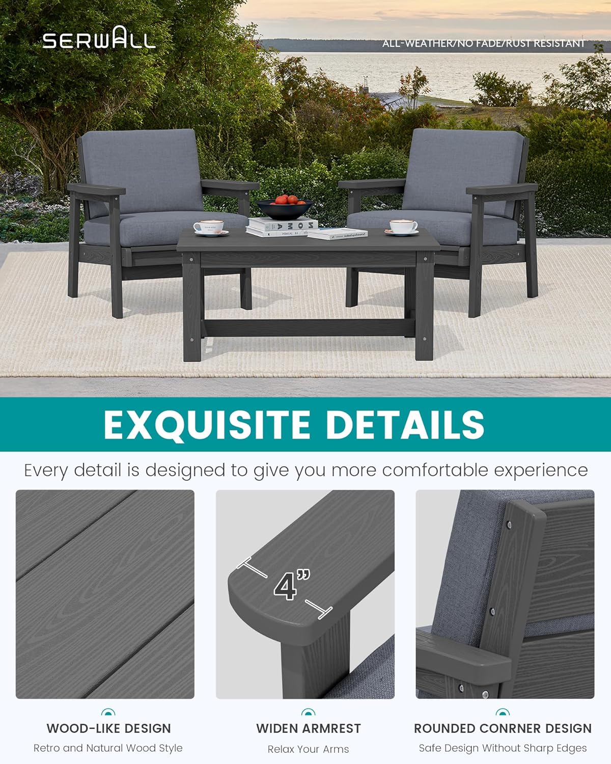 SERWALL HDPE Outdoor Couch Set of 2, Grey Frame and Grey Cushion