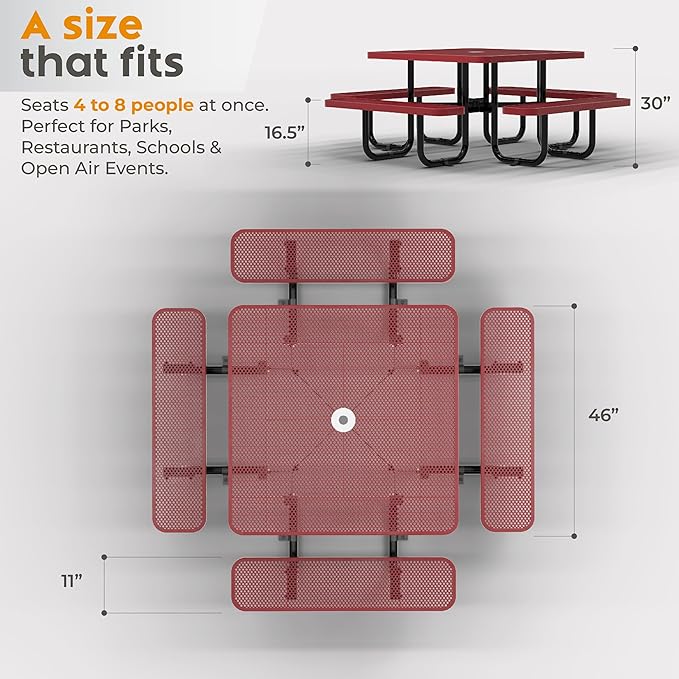 Metal Picnic Tables for Outdoors with Umbrella Hole - Coated Steel Heavy Duty Commercial Grade Table with Adjustable Seats (Red, 46 in, Square, Punched Steel)