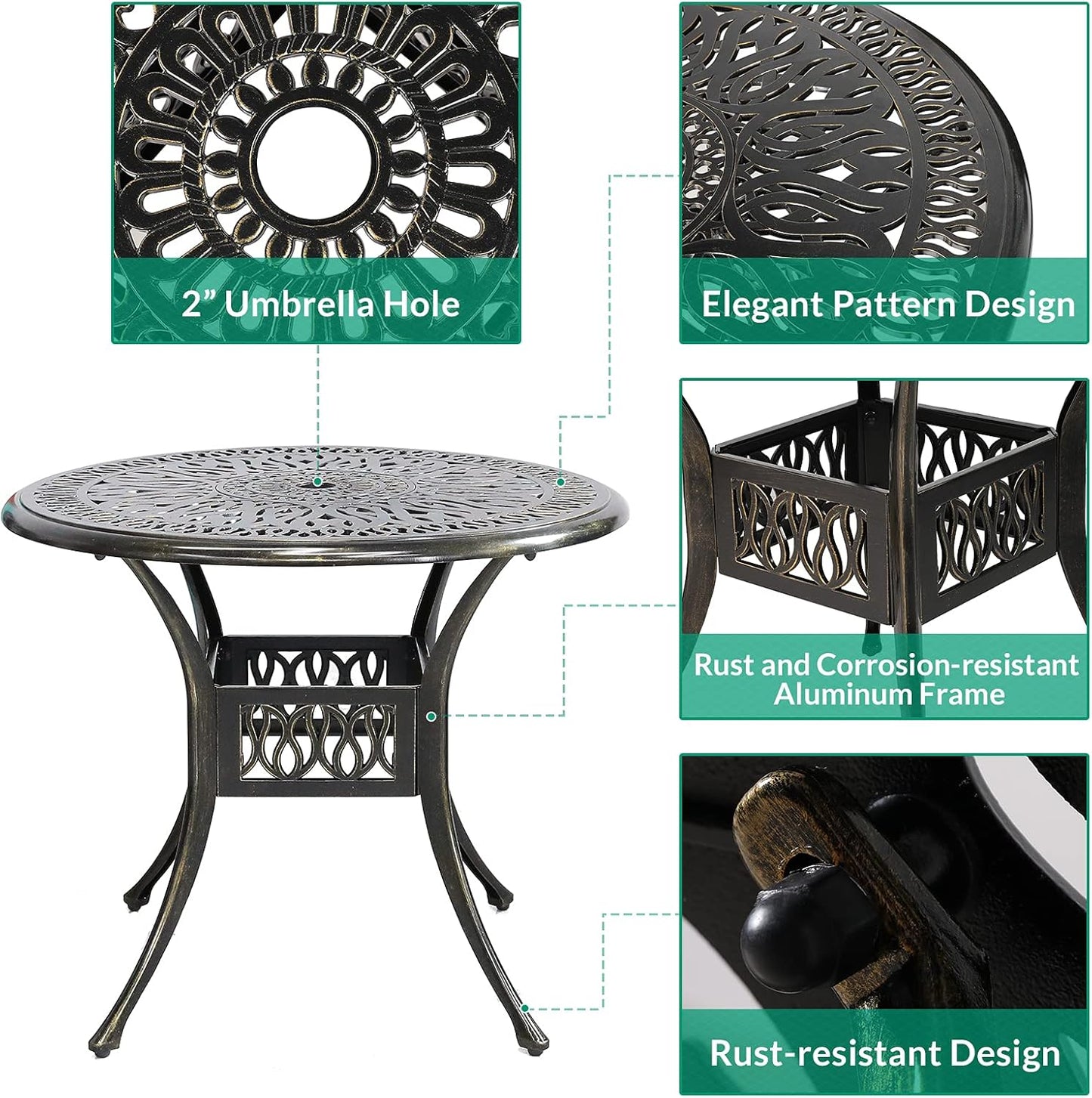 VIVIJASON 3-Piece Patio Bistro Sets, All-Weather Cast Aluminum Bistro Table Set Outdoor Patio Furniture, Include 2 Cushioned Chairs and 35.4" Round Table, 2" Umbrella Hole