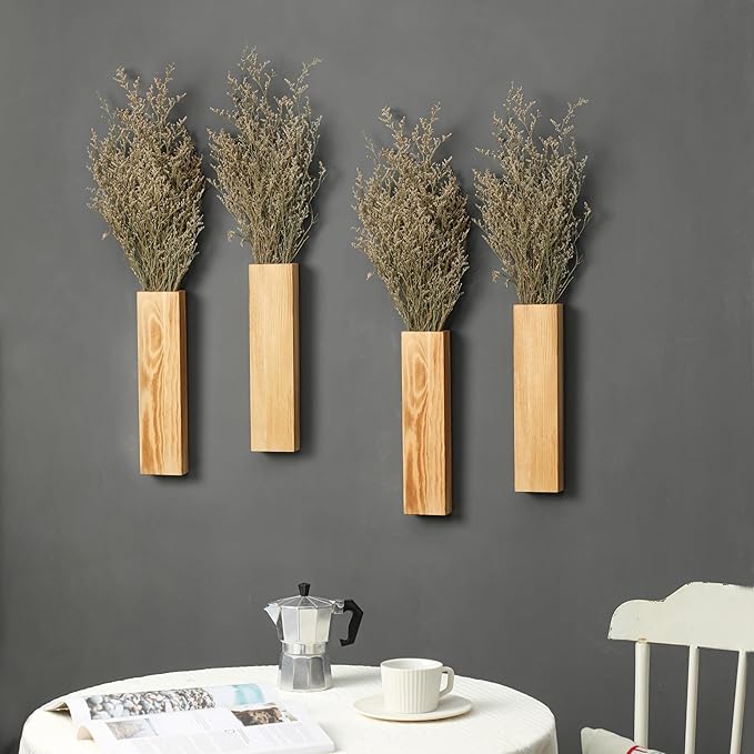 Wood Wall Planter 4 Pack Wall Decor for Artificial Flower Plants Wooden Plants Holders Wall Plant Pocket Vase Hanging for Living Room Bedroom Dining Room Bathroom Indoor Decroation (Light Brown)