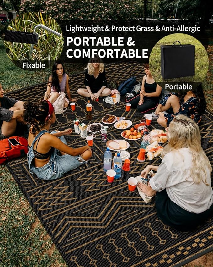 Outdoor Rug Carpet Waterproof 8x10 ft Patio Rug Mat Indoor Outdoor Area Rug for RV Camping Picnic Reversible Lightweight Plastic Straw Outside Rug for Patio Decor Decoration Boho Rug Black Brown
