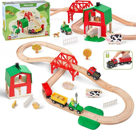 Giant bean 42PCS Wooden Farm Train Set for Toddler, Battery Operated Train Railway Track with Bridge, Barn, Animals,Tractor Cargo, Compatible with Most Brand,Toy Gift for Kids Boys Girls Age 3-8