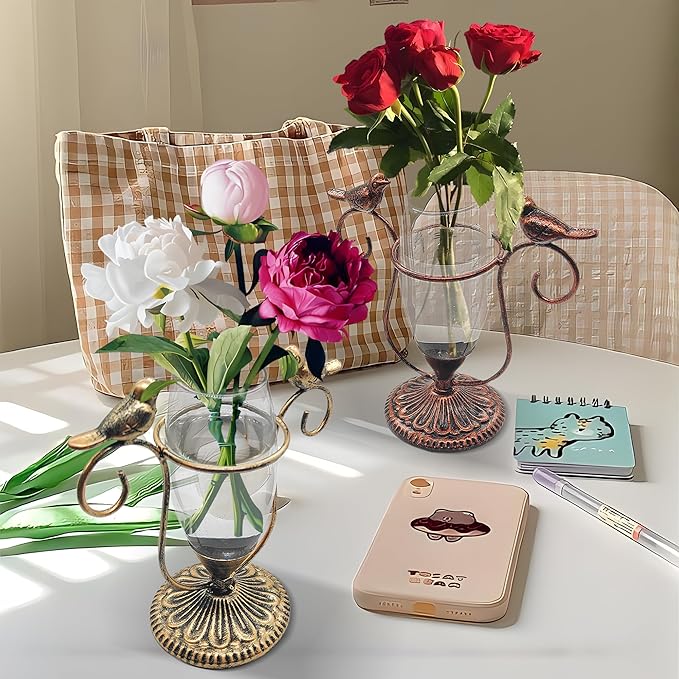 2 Pack Desktop Plant Terrarium,Bird Art Glass Propagation Vase, Propagation Planters with Vintage Metal Frame, Suitable for Decoration of Desktop Hydroponic Plants in Office and Living Room