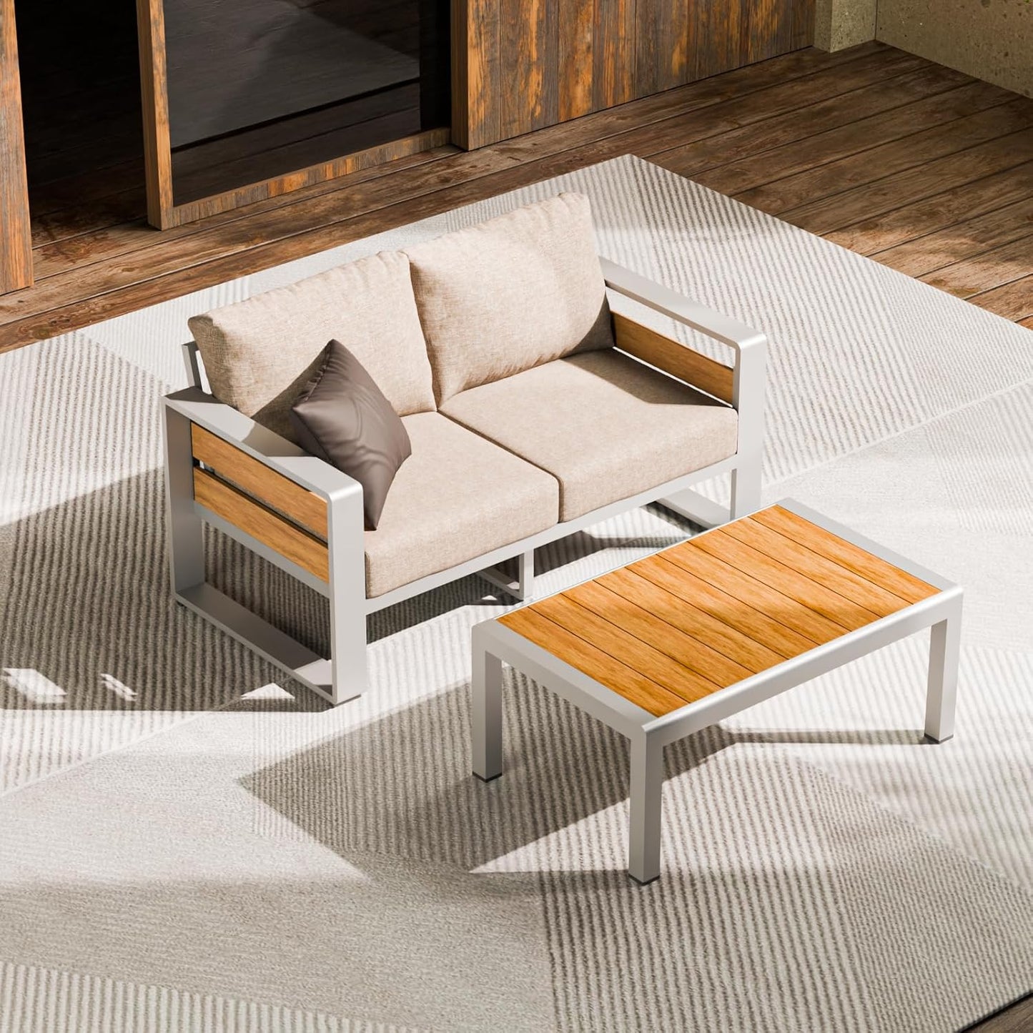 ZANDOR Aluminum Outdoor Patio Furniture - 1 Pcs Loveseat and Coffee Table, All-Weather Metal Modern Outside Furniture with Washable Thick Cushion for Garden/Backyard/Porch, Silver