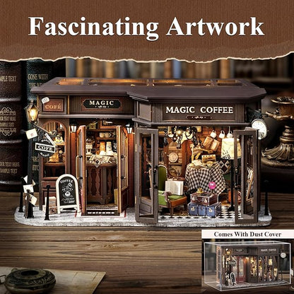 Fsolis DIY Miniature Dollhouse Kit for Adults - Tiny House Mini Scene 3D Puzzles Gifts for Women Teenagers Craft Lovers (Magic Coffee)
