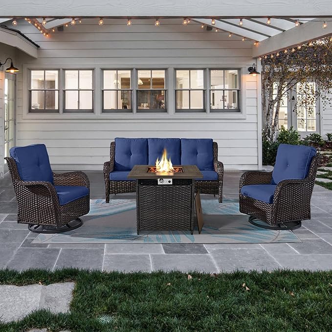 Outdoor Patio Furniture Set with 50000BTU Propane Fire Pit Table, 4 Pieces Wicker Patio Conversation Set with 2 Swivel Rocker Glider Chairs Rattan Sofa Blue Cushion Perfect for Gathering