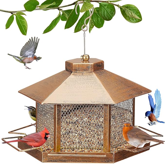 Metal Bird Feeder for Outdoor Hanging, 4.6LB Large Capacity, Garden Decoration - Attracts Wild Birds, Durable Outdoor Bird Feeding Station for Garden Yard Outside Backyard (Extra Large Gold)