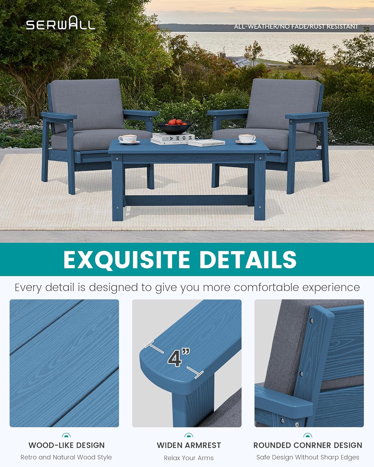 SERWALL HDPE Outdoor Couch, Blue Frame and Grey Cushion