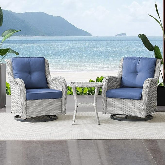 Outdoor Swivel Rocker Patio Chairs Set of 3,High Back Swivel Patio Chairs Wicker Furniture Set,2 PCS Rattan Swivel Rocking Chair with Side Table,Light Grey Wicker (A089-2)