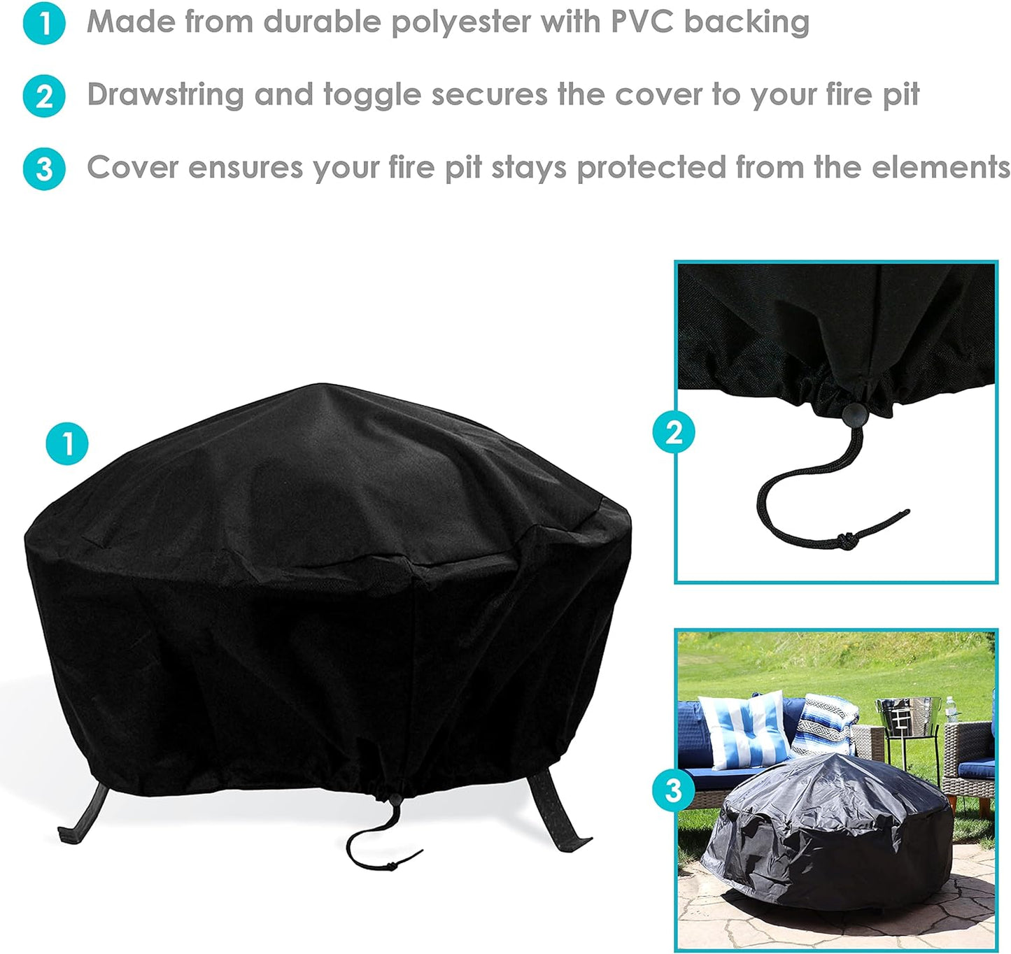 Sunnydaze Round Outdoor Fire Pit Cover - Heavy-Duty 300D Polyester and PVC with Drawstring Closure - Black - 58-Inch