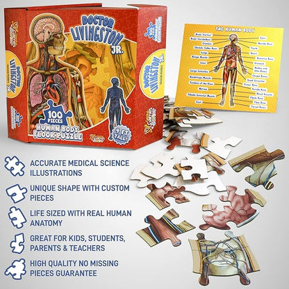 Human Anatomy Kids Floor Puzzle - Dr Livingston Jr's 100-Piece Full Body Jigsaw Puzzle - 4 FT Medically Accurate Floor Puzzles for Kids Ages 6-8, 4-8, 8-10 - Educational Toys for Children, Toddlers