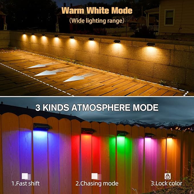Aulanto Solar Fence Lights 4 Pack-Plus,100 Lumen Big Outdoor Solar Light IP65 Waterproof, Warm White and 10 RGB Modes,Fence Lights Otdoor Solar Lighting for Backyard,Garden,Fence,Wall,Deck,Stairs.