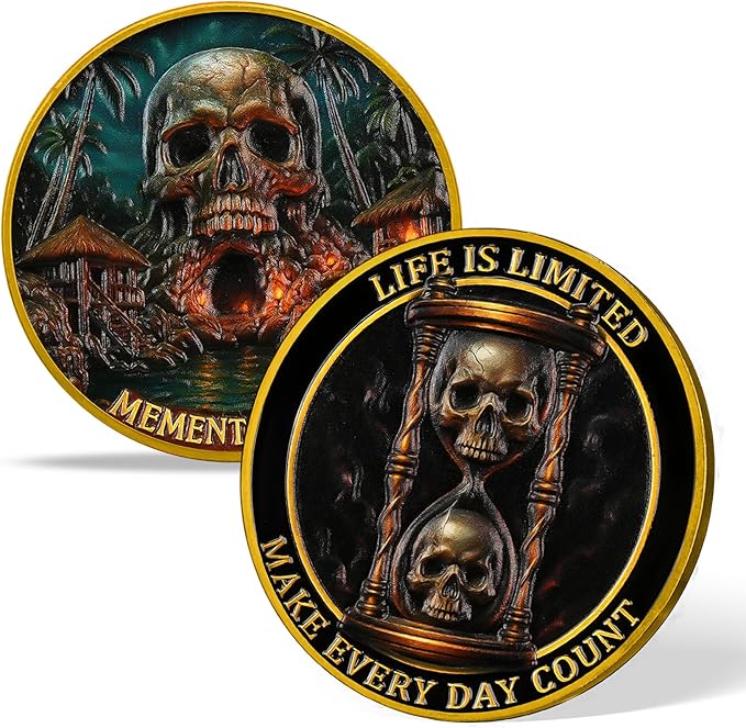 AtSKnSK Memento Mori Coin Momento Mori Coin Skull Coin Stoic Gifts Memento Mori Calendar Living Memento Mori Amor Fati Coin (Skull Island)