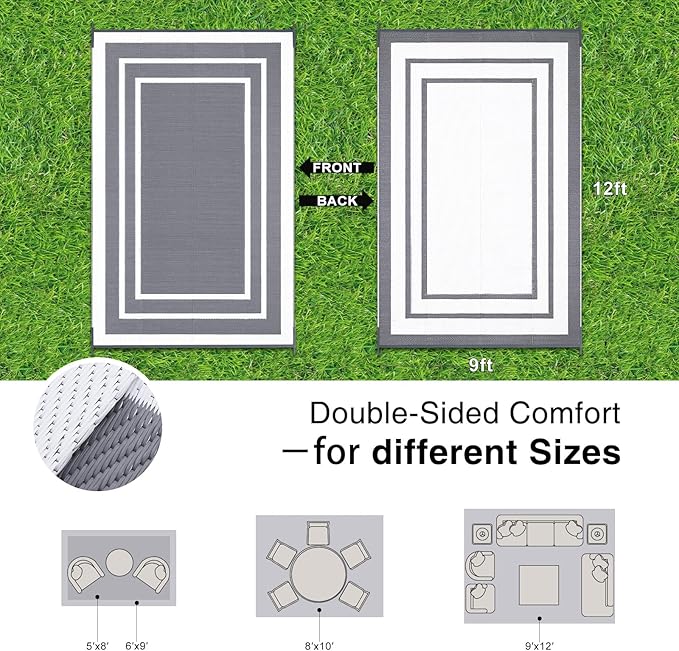OLANLY Outdoor Rug 9x12 ft Waterproof, Reversible Outdoor Plastic Straw Rug, RV Mat, Indoor Outdoor Carpet Clearance for Patio, Camping, Balcony, Deck, Backyard, Grey & White