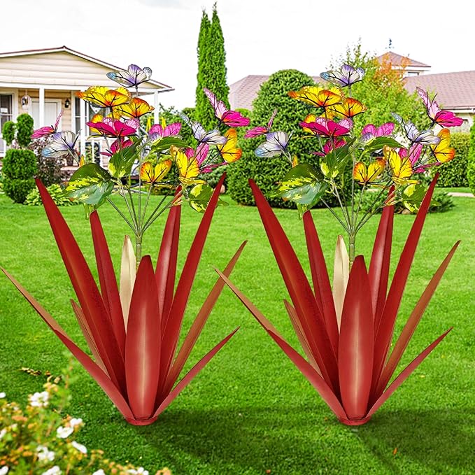Garden Outdoor Butterfly Enlarge Thickened Wind Resistant Metal Agave Garden Art Metal Plant Country Sculpture Statue Decorations Ornaments Artificial Waterproof Butterflies(red 3pcs)